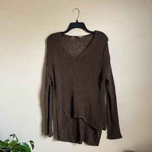 Helmut Lang Open Knit Asymmetrical Grunge Olive Brown V Neck Sweater Distressed